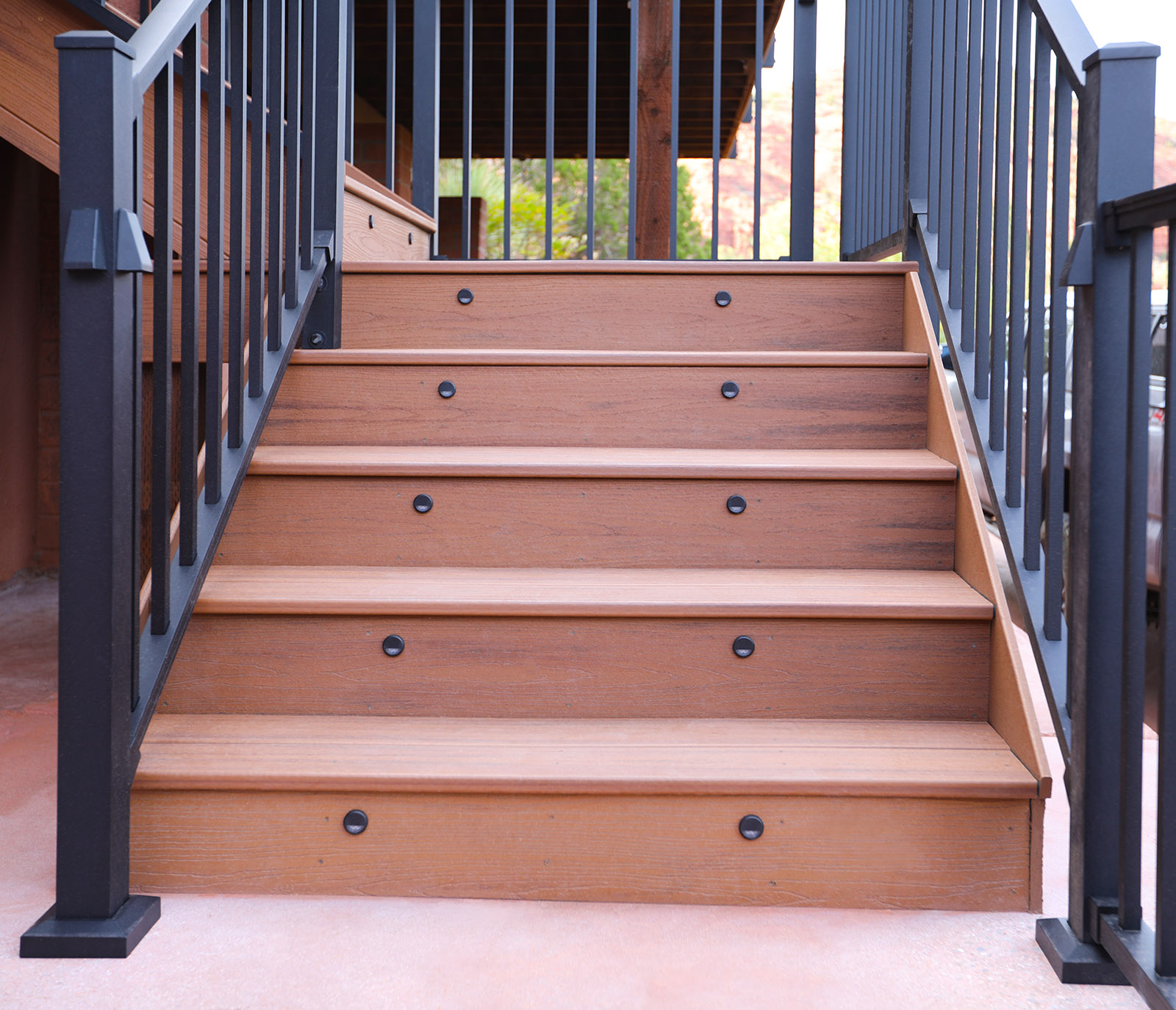Trex stair riser lights.  Small lights built into the risers of a stairway on a Trex deck in Sedona.